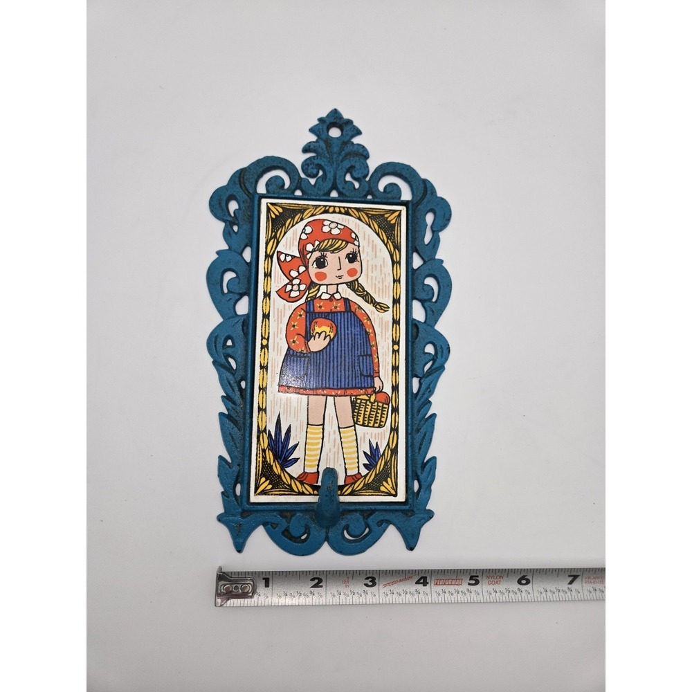 VTG FM Cast Iron Decorative Wall Hook Girl Design Blue Multicolor Made in Japan